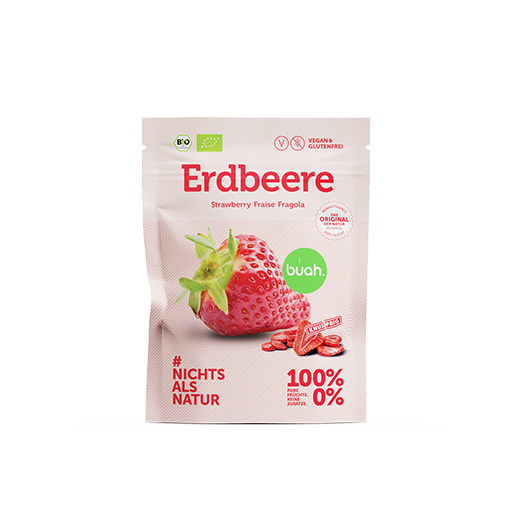 buah Snackpack Erdbeere mit einem kleinen Haufen gefriergetrockneter Erdbeeren im Vordergrund