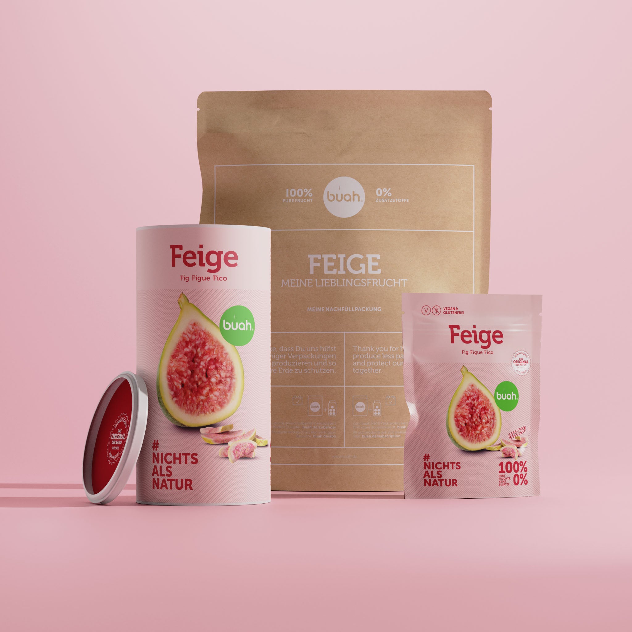 buah gefriergetrocknete Feige in den Varianten Snackpack, grosse Dose und Vorteilspackung