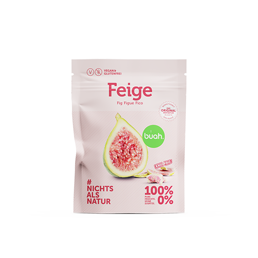 buah Snackpack Feige mit Abbildung einer aufgeschnittenen Feige und rosa Verpackung