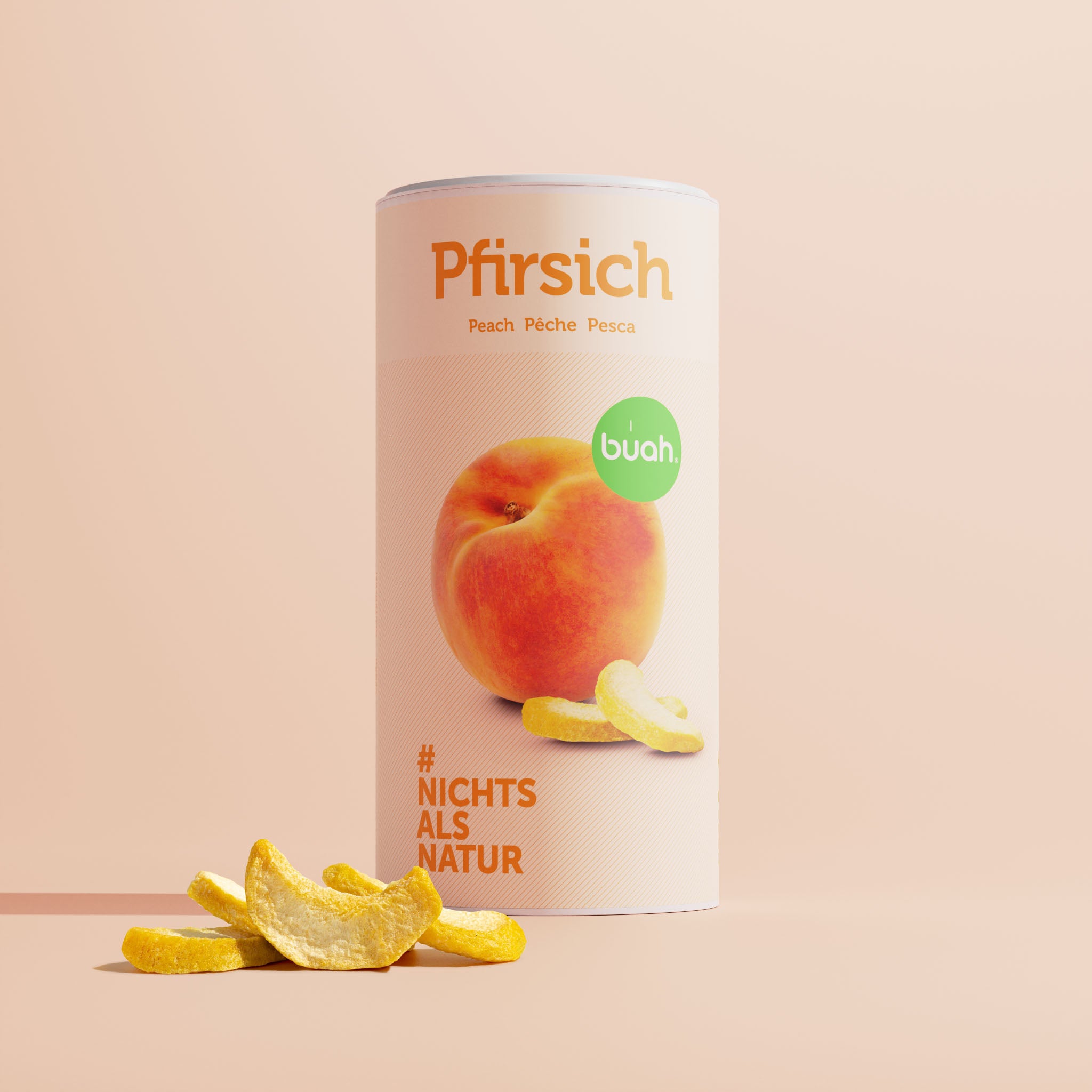 Zylinderfoermige Dose buah Pfirsich mit gefriergetrockneten Pfirsich Schnitzen vor der Dose