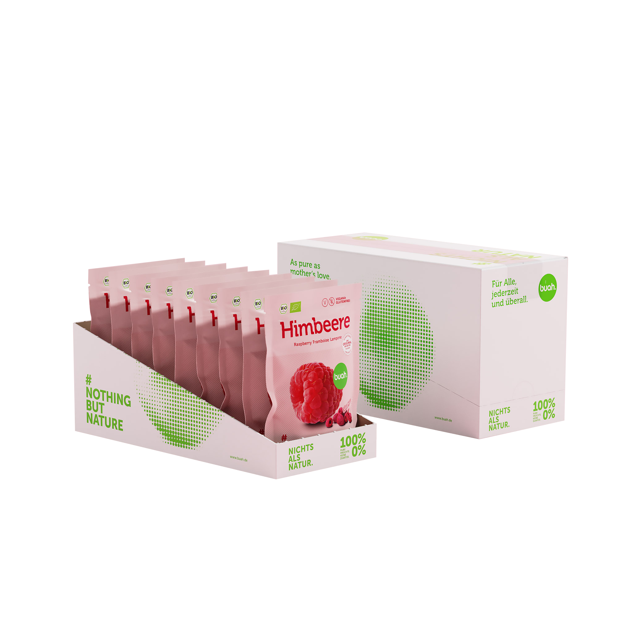 9 buah Snackpacks Himbeere hintereinander aufgestellt in einer Box aus weisser Pappe