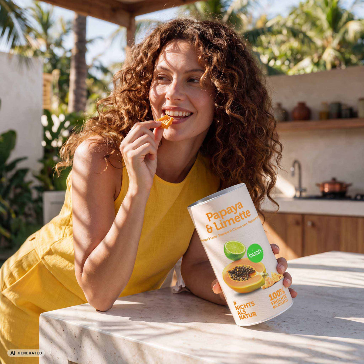 Frau im gelben Oberteil isst ein Stück gefriergetrocknete Papaya und hält eine buah-Dose „Papaya & Limette“; „AI GENERATED“.