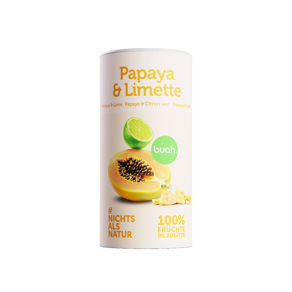 Freigestellte buah-Dose „Papaya & Limette“ mit gefriergetrockneter Papaya; Aufdruck: „100 % Früchte, 0 % Zusätze“.