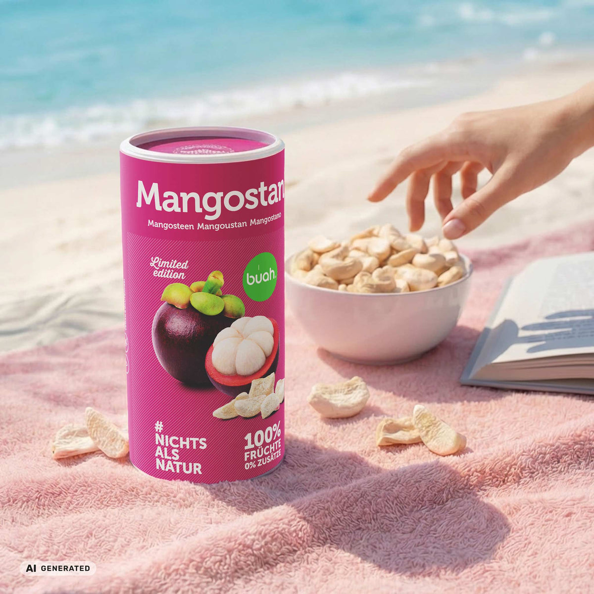 Eine sommerliche Strandszene. Eine Dose buah gefriergetrocknete Mangostan und eine weiĂźe Schale mit FruchtstĂĽcken stehen auf einem rosafarbenen Handtuch im Sand. Daneben liegen eine lila Strohtasche und ein Buch vor blauem Meerwasser.