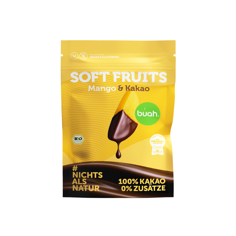 buah Bio Soft Fruits Mango & Kakao in einer gelben wiederverschließbaren Beutel-Verpackung mit 100 % Kakao-Überzug ohne Zusätze