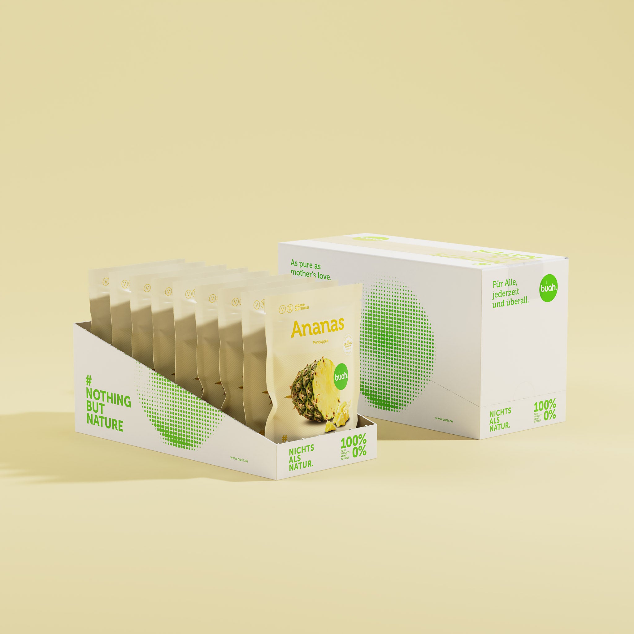 9 buah Ananas Snackpack aufgereiht in einer weissen Schachtel aus Papier