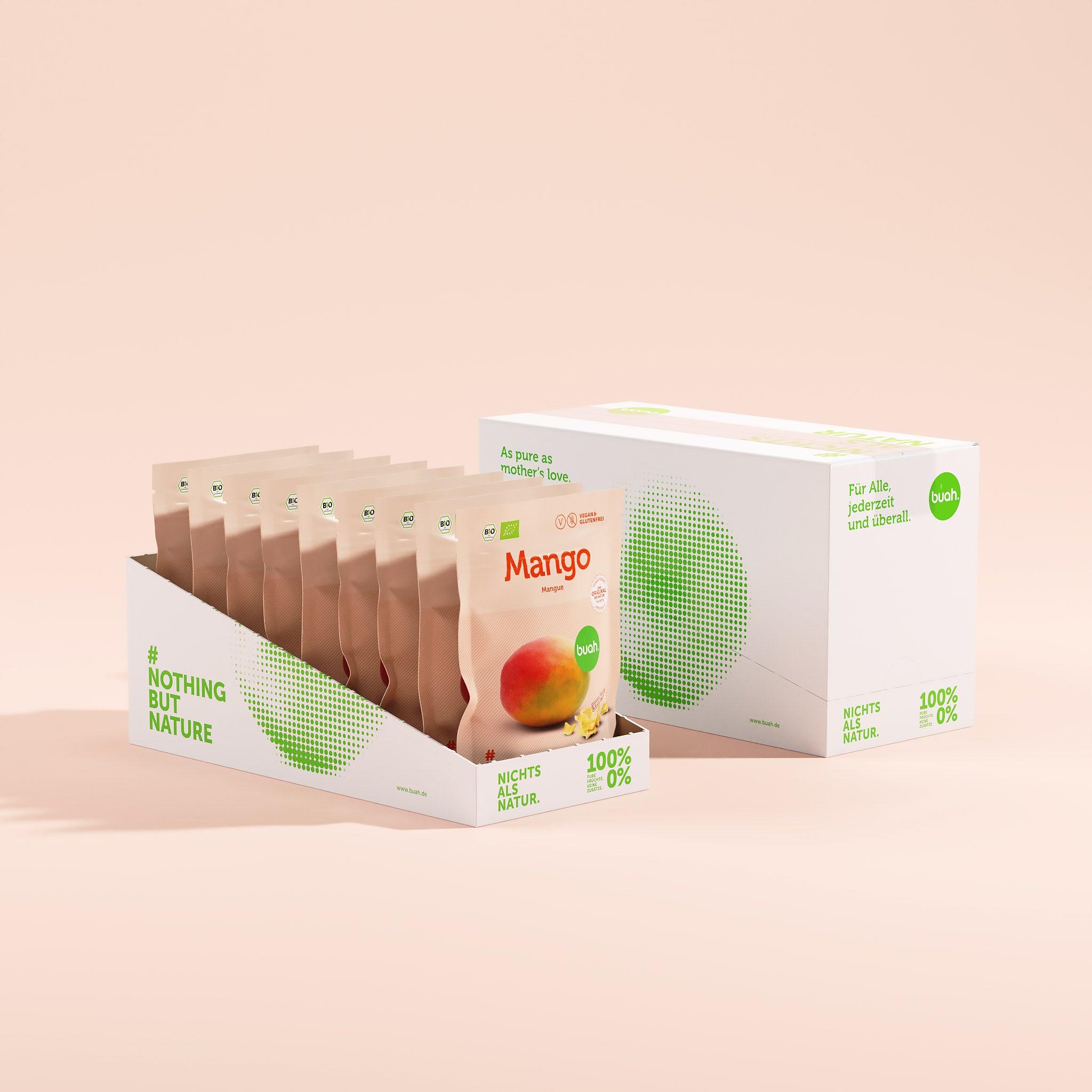 9 buah Mango Snackpack aufgereiht in einer weissen Schachtel aus Papier