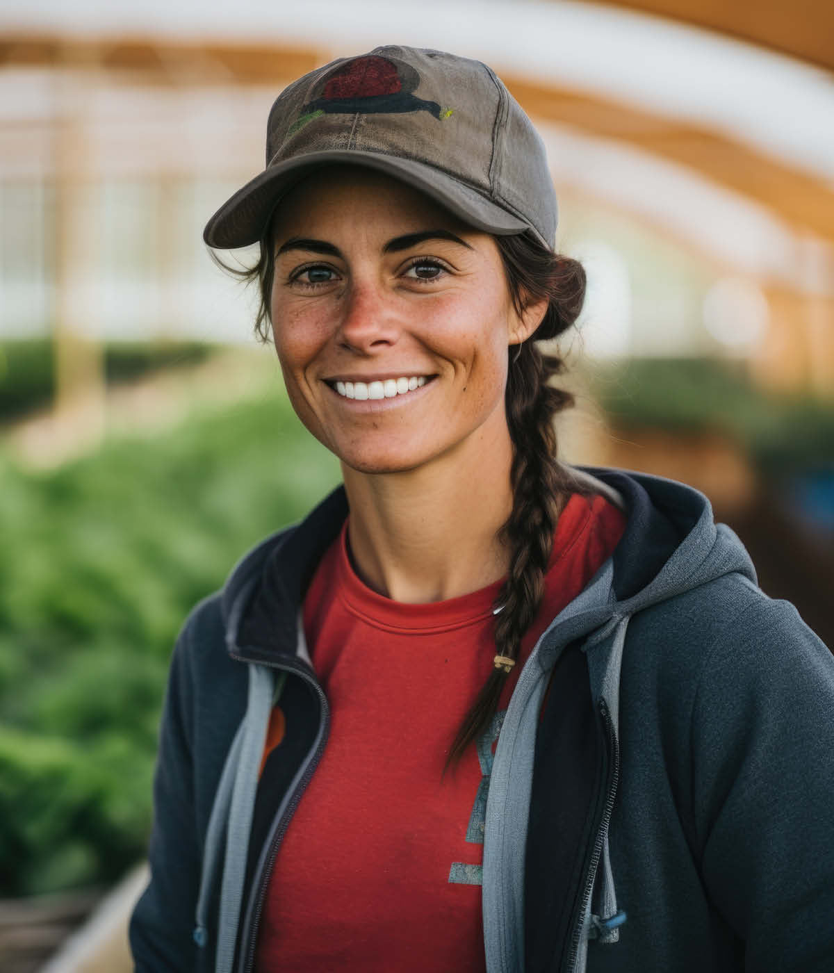 Farmerin mit Zopf, rotem Shirt und blauer Jacke lacht in die Kamera