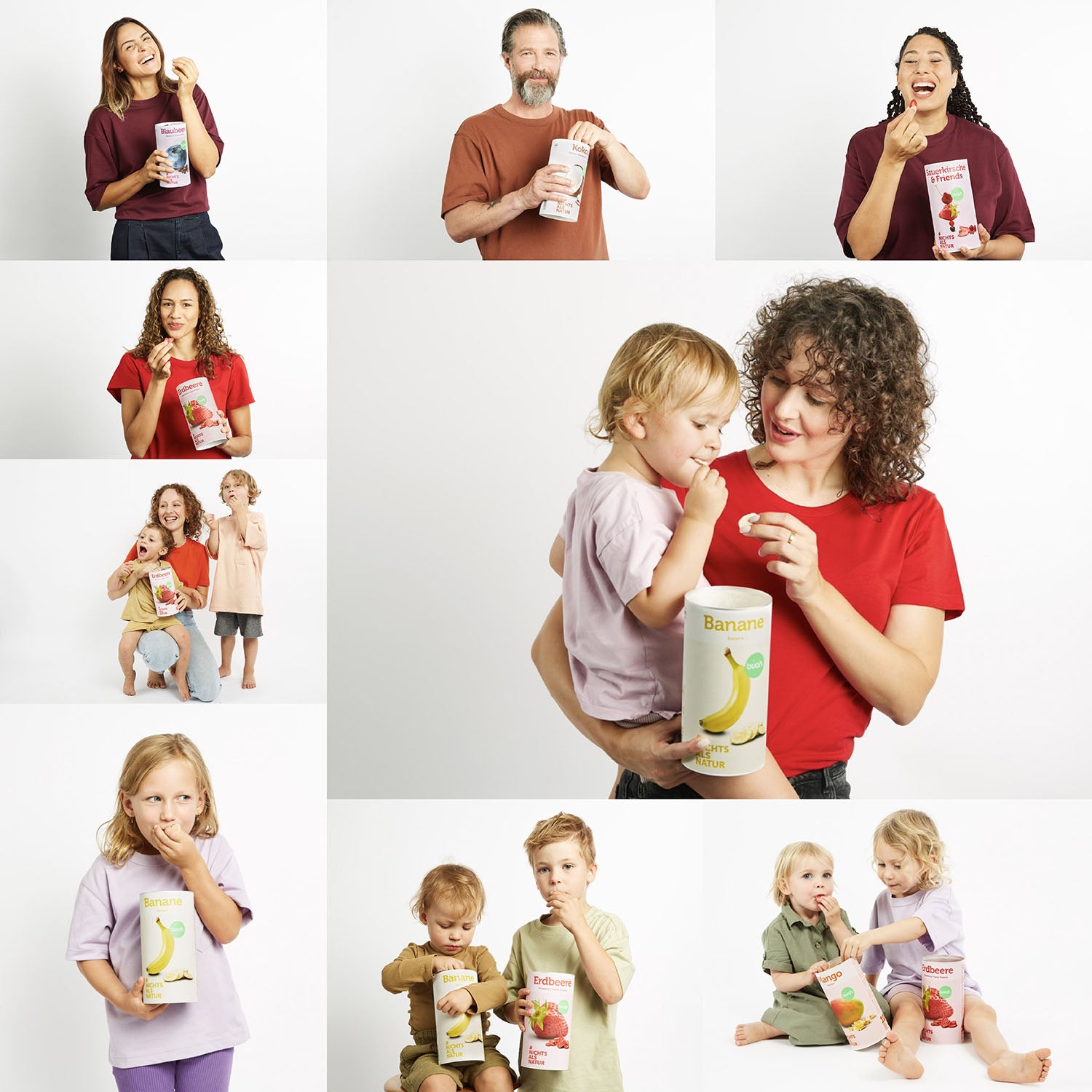 Collage der buah Vision von jungen Mamas, Kindern und Babys, die buah Fruechte essen