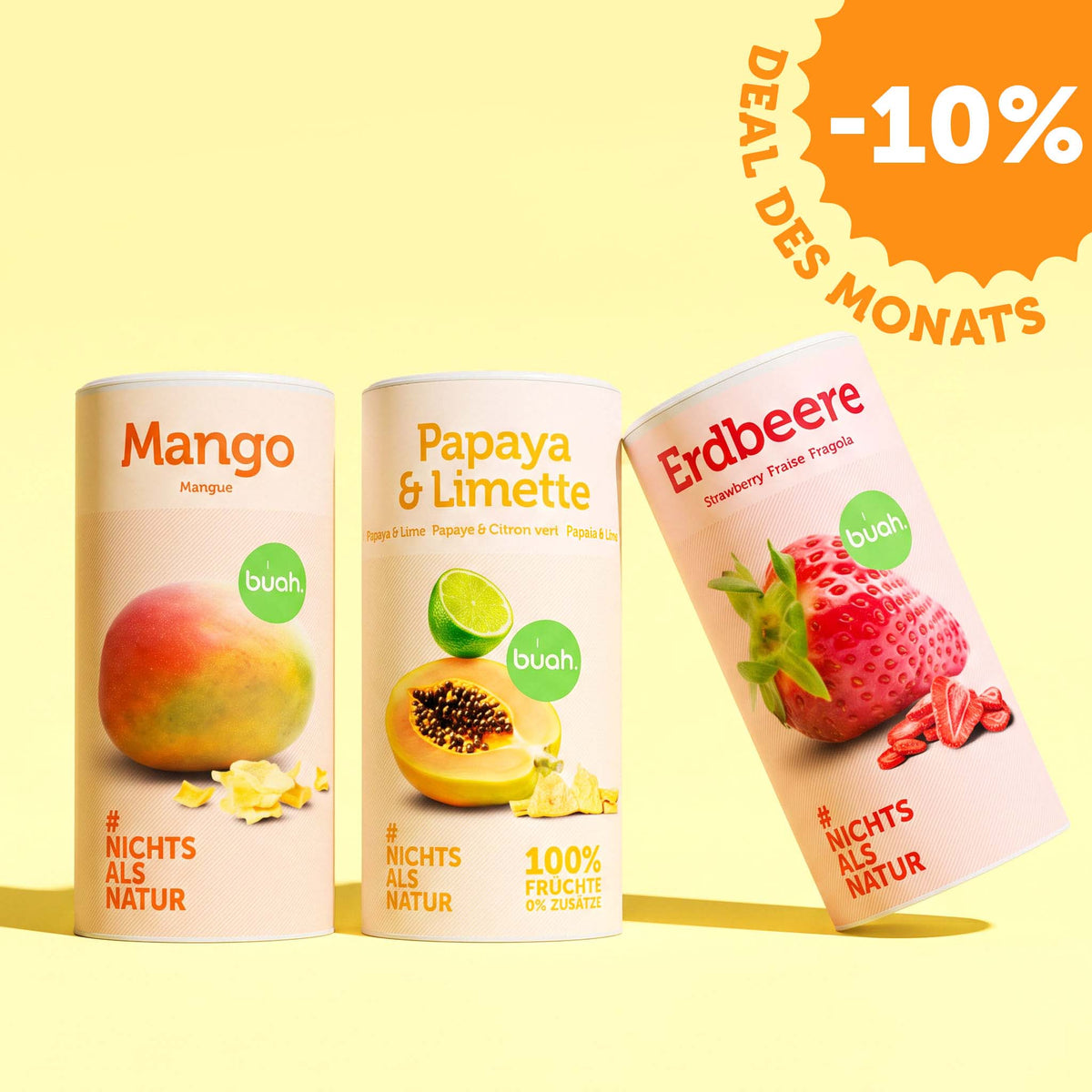 Drei buah-Dosen mit gefriergetrockneten Früchten: Mango, Papaya & Limette und Erdbeere; „DEAL DES MONATS“ und „-10 %“.
