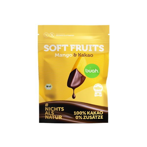 buah Bio Soft Fruits Mango & Kakao in einer gelben wiederverschließbaren Beutel-Verpackung mit 100 % Kakao-Überzug ohne Zusätze